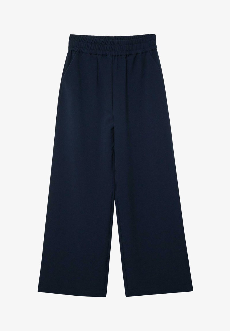 Nabrane široke pantalone mornarsko plave boje s elastičnim pojasom, bočnim džepovima i glatkom, laganom teksturom tkanine. Bez vidljivih uzoraka ili metalnih dodataka.