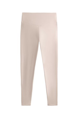 Leggings bej dintr-un material elastic, cu o talie înaltă, textură netedă și o siluetă ajustată. Fără modele vizibile sau accesorii.