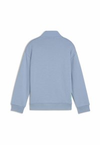 Felpa azzurro chiaro con colletto e maniche lunghe. Presenta polsini e orlo a costine, con una piccola etichetta decorativa sul lato.