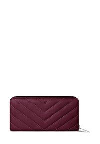 Burgundy leather wallet with chevron quilted pattern, zip closure, and silver hardware accents. Smooth texture and rectangular shape.