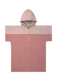 Hooded Poncho in einem strukturierten, zweifarbigen Design; sanfte Rosa- und gedämpfte Rosatöne; verfügt über eine Fronttasche und das Markenlogo auf der Brust.