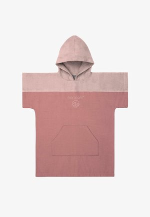 Hooded poncho in a textured, two-tone design; soft pink and muted rose colors; features a front pocket and the brand logo on the chest.