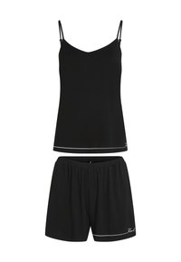 Sort sæt til søvn bestående af en top med spaghetti-stropper og shorts med elastisk talje, begge med hvide kantdetaljer og en glat stofstruktur.