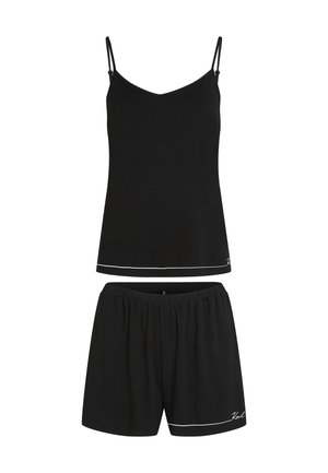 Set de pijama negru compus dintr-un top cu bretele spaghetti și pantaloni scurți cu talie elastică, ambele având detalii alb-trim și o textură de stofă netedă.