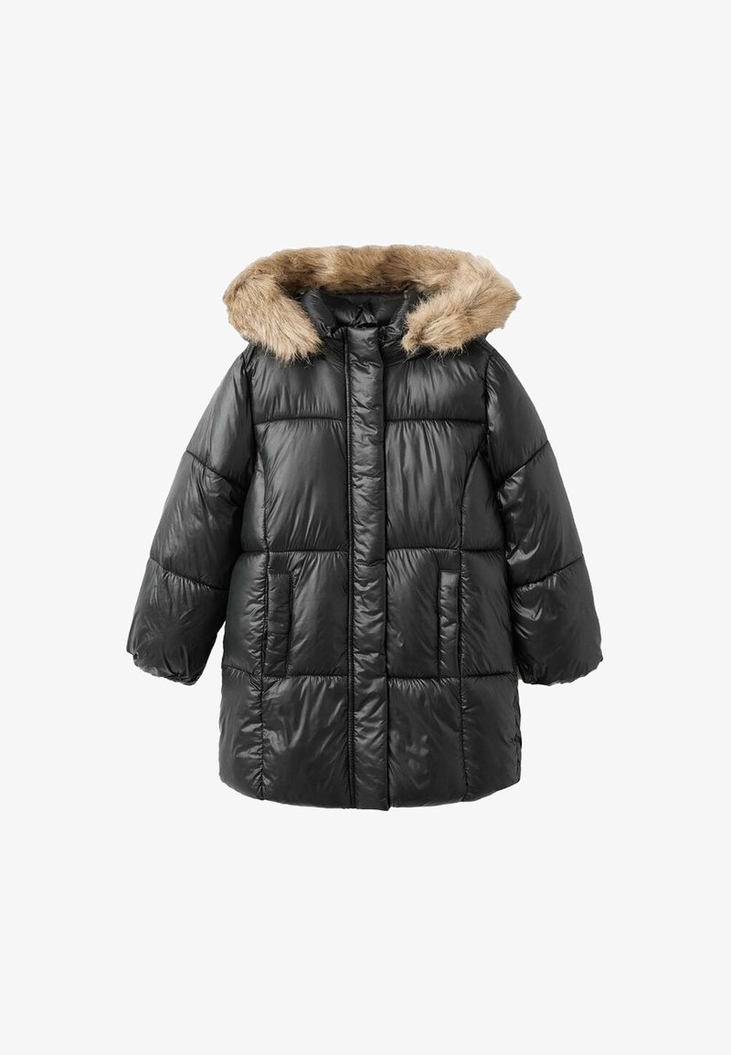 Černá péřová bunda s kapucí podšitou umělou kožešinou, prošívaným designem a dvěma předními kapsami. Materiál má lesklý povrch.