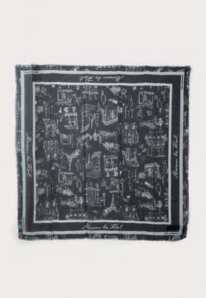 Black and white silk scarf featuring detailed sketches of buildings and landmarks, with a solid border and frayed edges.