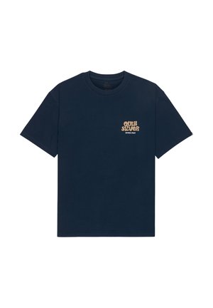 Navy blue cotton t-shirt with short sleeves and a crew neckline. Features a small light brown logo on the left chest. Classic, relaxed fit.