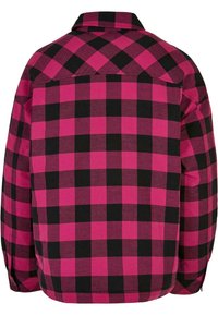 Pink and black checkered flannel shirt with a collar, loose fit, and long sleeves. Features a yoke seam and single back pocket. Cotton material.