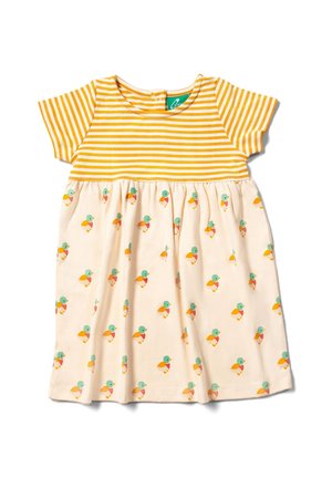 Gestreiftes gelb-weißes Kurzarmkleid mit einem leichten beigen Rock, der bunte Entenmuster aufweist und einen Knopfverschluss hinten hat.