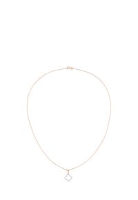 Roosa kuldne ahel kaelakee, millel on peen disain ja hõbedane nelinurkne pendant. Pendant on avatud disainiga ja sileda pinnaga.