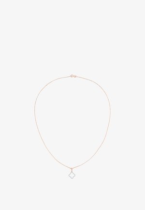 Rožinio aukso grandinėlė su plonu dizainu ir sidabriniu keturlapiu pakabuku. Pakabukas pasižymi atviru dizainu ir lygiu paviršiumi.