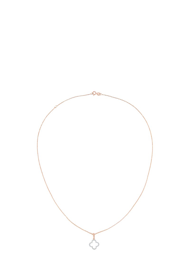 Roosa kuldne ahel kaelakee, millel on peen disain ja hõbedane nelinurkne pendant. Pendant on avatud disainiga ja sileda pinnaga.