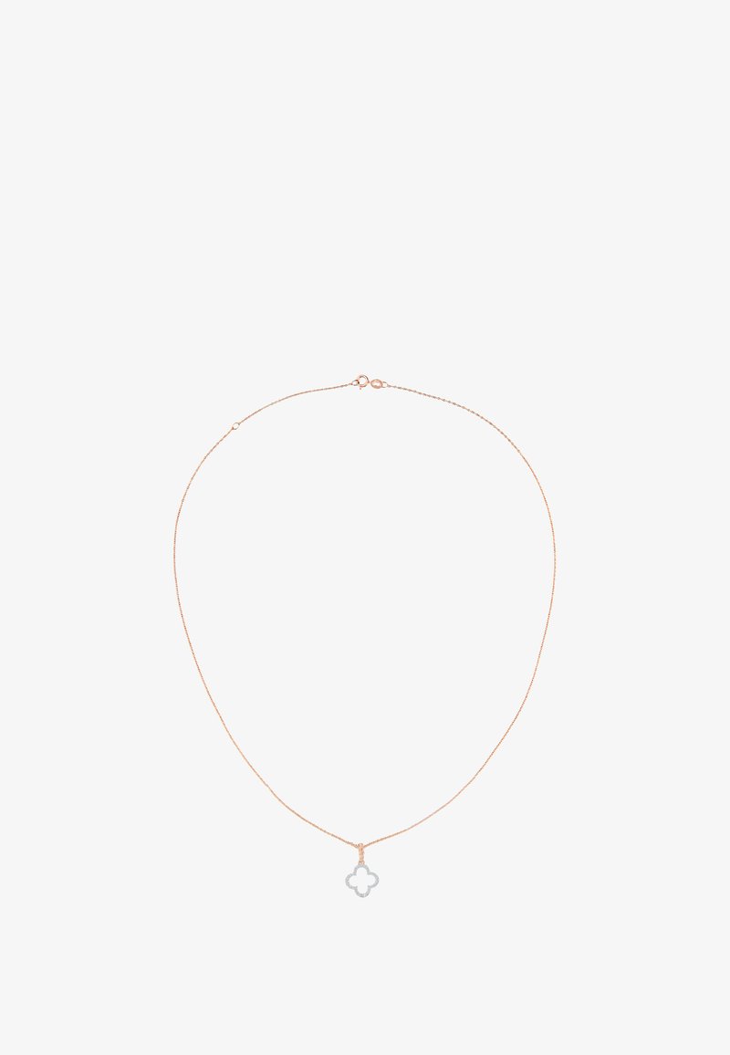 Roosa kuldne ahel kaelakee, millel on peen disain ja hõbedane nelinurkne pendant. Pendant on avatud disainiga ja sileda pinnaga.