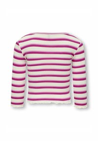 Langsleeve ribbeltop met afwisselend witte en roze strepen, een golvende zoom en een bootnek.