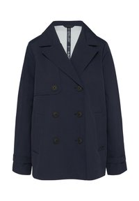 Manteau bleu marine croisé avec de gros boutons noirs, revers crantés, poches latérales et une texture lisse et déperlant.