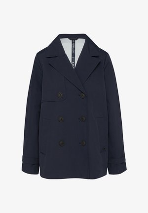 Tumesin topeltkulmne mantel suurte mustade nuppudega, teravate krae, küljetaskud ja sile veepidav tekstuur.