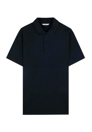 Zwarte polo met zachte stof, korte mouwen, een kraag en een voorplacket met twee knopen. Minimalistisch ontwerp, geen patronen.