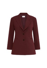 Blazer rosso bordeaux da donna su misura con due bottoni, con rever a scollo a V e due tasche frontali a fessura, esposto su uno sfondo bianco.