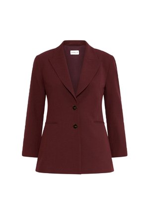 Blazer rosso bordeaux da donna su misura con due bottoni, con rever a scollo a V e due tasche frontali a fessura, esposto su uno sfondo bianco.