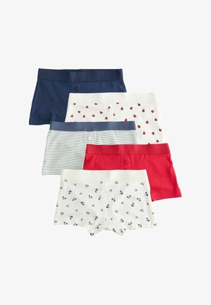 Päť párov dámskych boxeriek v námorníckej modrej, bielej s červenými srdiečkami, bielej s modrými pásikmi, celoplošne červené a biele s drobnými kvetinovými vzormi.