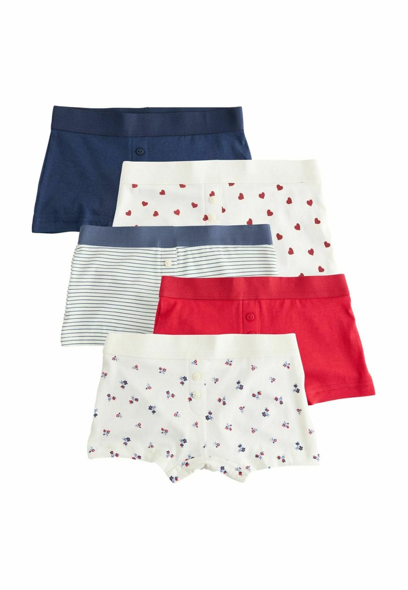 Pięć par bokserek w stylu boyshort w kolorach: granatowym, białym z czerwonymi sercami, białym w niebieskie paski, czerwonym oraz białym z małymi kwiatowymi wzorami.