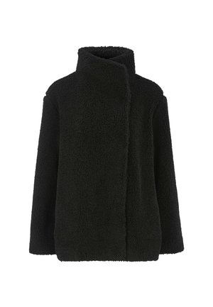Schwarze, plüschige Fleecejacke mit hohem Kragen und verdecktem Frontverschluss, entworfen für Wärme und Komfort bei kaltem Wetter.