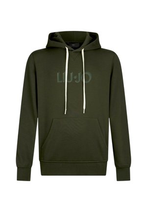 Felpa con cappuccio verde scuro con tasca a marsupio. Presenta cordini beige chiaro e marchio in rilievo sul davanti. Tessuto dalla texture morbida.