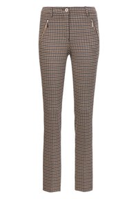 Bruine houthakkersbroek met een slanke pasvorm, voorzien van ritszakken en een subtiele glans in de stof.