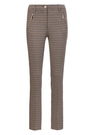 Bruine houthakkersbroek met een slanke pasvorm, voorzien van ritszakken en een subtiele glans in de stof.