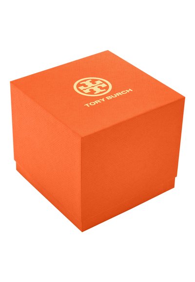 Boîte texturée orange avec logo et texte Tory Burch dorés centrés sur le dessus, présentée légèrement en angle.