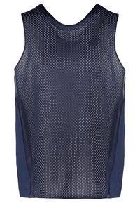 Námořnická modrá sportovní tílko s síťovinou, s bezrukávovým designem a malými ventilačními otvory pro prodyšnost.