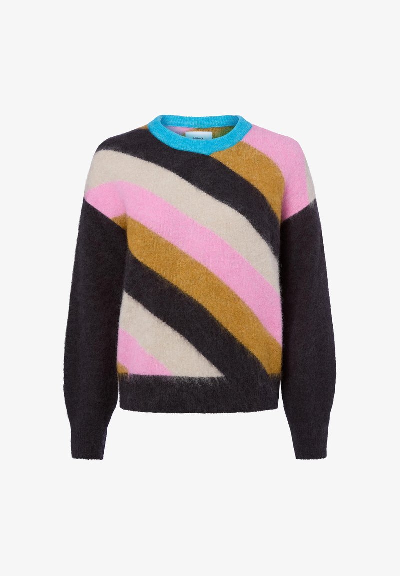 Pull pelucheux à rayures diagonales noires, beiges, roses et brunes, avec un col rond bleu vif et des manches longues.