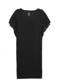Svart klänning med V-ringning och korta, veckade ärmar. Tillverkad av ett lätt material, den har en avslappnad passform och rak fåll.
