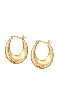 Orecchini a cerchio color oro con un design curvo e lucido. Ogni orecchino presenta una superficie liscia e una chiusura a scatto sicura.