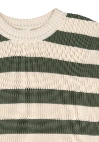 Neulepaita, jossa on vuorottelevia vihreitä ja kermaisia vaakaraitoja, pyöreä ribbi-kaula-aukko ja teksturoitu kangas.
