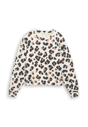 Biała bluza z długim rękawem z czarnym i brązowym wzorem w panterkę, okrągłym dekoltem oraz ściągaczami na mankietach i u dołu.