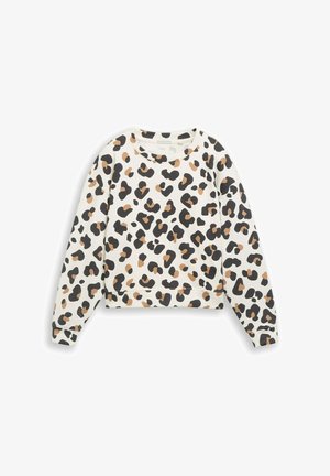 Wit sweatshirt met lange mouwen, zwarte en bruine luipaardprint, ronde halslijn en geribbelde manchetten en zoom.