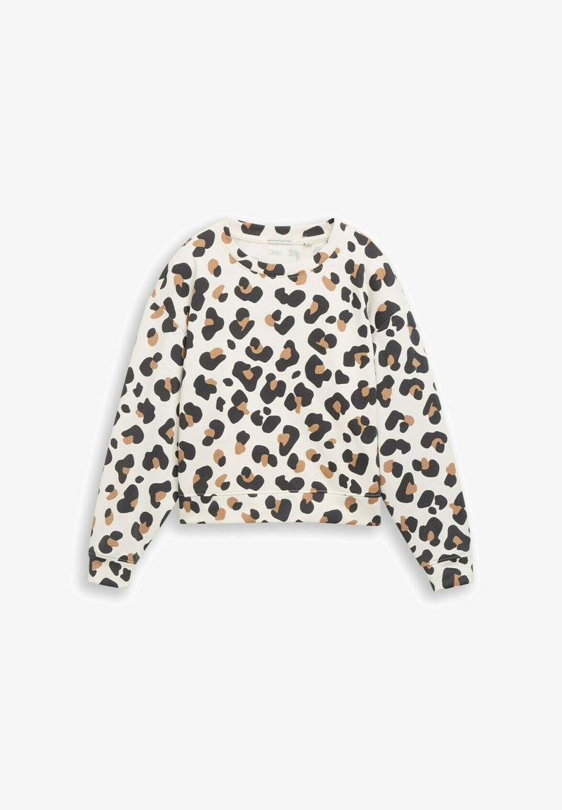 Weißer langärmeliger Pullover mit schwarz-braunem Leopardenmuster, rundem Ausschnitt sowie gerippten Bündchen und Saum.