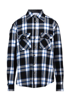Camicia a maniche lunghe con bottoni, motivo a quadri in nero, bianco, grigio e blu, e due tasche anteriori con patta e bottoni.