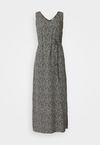 Robe maxi sans manches noire avec un petit motif floral blanc, décolleté en V et taille froncée nouée avec une ceinture en tissu assorti.