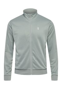 Lys grå zip-up jakke lavet af glat stof. Den har høj krave, lange ærmer og et lille hvidt logo på venstre side.