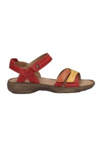 Rote und orange Leder-Sandalen mit einer braunen Gummisohle, ausgestattet mit einem verstellbaren Riemen und überlappenden Farbakzenten an der Zehe.