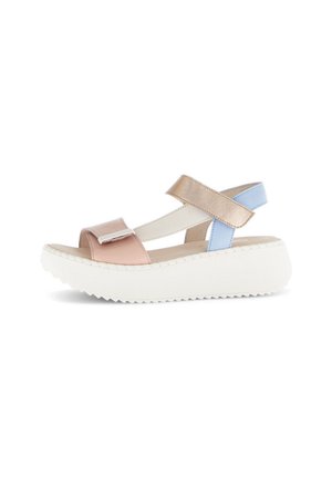 Platform sandals with a white rubber sole, featuring pastel pink, gold, and light blue synthetic straps for support and adjustability.