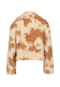 Giacca cropped in pelliccia finta con un motivo maculato beige e marrone. Presenta maniche lunghe e una finitura morbida e testurizzata.