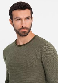 Olivgrüner strukturierter Pullover mit rundem Halsausschnitt und gerippten Abschlüssen. Der Stoff weist ein dezentes Strickmuster für zusätzliche Details auf.