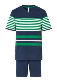 Camiseta de manga corta a rayas en azul marino con rayas verdes, blancas y azul oscuro, combinada con pantalones cortos a juego en azul marino. Material de algodón.