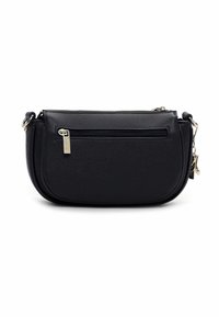 Czarna skórzana torba typu crossbody z zamkiem błyskawicznym, wyposażona w przednią kieszeń na zamek, srebrne okucia i zaokrąglony design. Gładka tekstura.