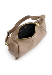 Beige leather bag with a textured surface, zip closure, and a short strap. Interior lined in black with a zip pocket. Gold-tone hardware accents.