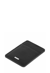 Zwart leren kaarthouder met een gestructureerd oppervlak, voorzien van vier vakken voor kaarten en een klein logo-accent aan de voorkant.