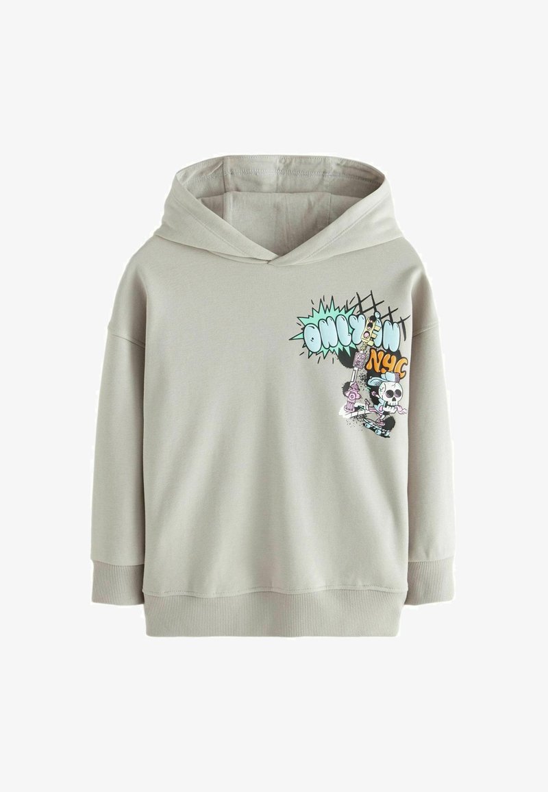 Light gray hoodie made of soft fabric, featuring a large graphic print with colorful designs and a drawstring hood. Ribbed cuffs and hem.